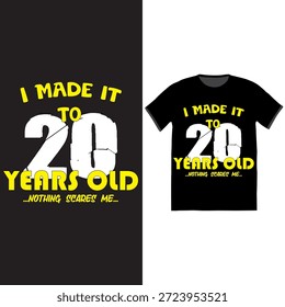 " EU CHEGUEI AOS 20 ANOS, NADA ME ASSUSTA " design de camiseta tipográfica. Ilustração comemorativa e humorística do vetor para um marco do 20o aniversário. Adequado para vestuário, convites para festas de aniversário, cartões de felicitações e outras mercadorias. O design usa texto estilizado em negrito para uma aparência gráfica.