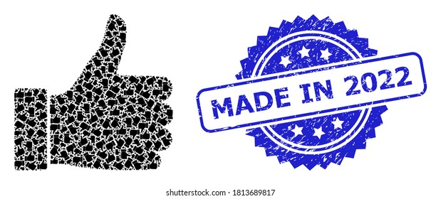 Made in 2022 textured stamp seal and vector recursion mosaic thumb up. Blue stamp seal has Made in 2022 text inside rosette. Vector collage is composed of randomized rotated thumb up pictograms.