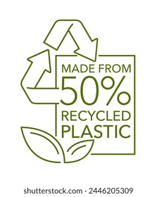 Made from 50 percent recycled plastic - labeling for compostable sustainable material production, rectangle shape, thin line