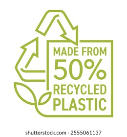 Made from 50 percent recycled plastic - labeling for compostable sustainable material production, rectangle shape, bold line