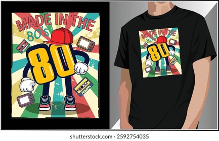 Made In The 80's T Shirt Design, 80's Theme Party Costume Vector, 1980s Fashion, Retro Cassette Tape T-Shirt, Vintage 80s Vector Illustration.