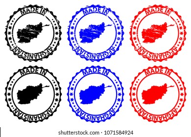 Made in Afghanistan  - rubber stamp - vector, Afghanistan map pattern - black, blue and red