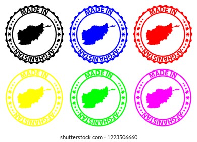 Made in Afghanistan  - rubber stamp - vector, Afghanistan map pattern - black, blue, green, yellow, purple and red