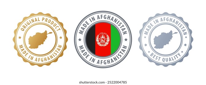 Made in Afghanistan - set of stamps with map and flag. Best quality. Original product. Vector illustration