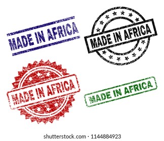 MADE IN AFRICA seal prints with distress style. Black, green,red,blue vector rubber prints of MADE IN AFRICA tag with dust surface. Rubber seals with circle, rectangle, medallion shapes.