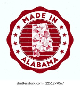 Made in Alabama. US state round stamp. Seal of Alabama with border shape. Vintage badge with circular text and stars. Vector illustration.