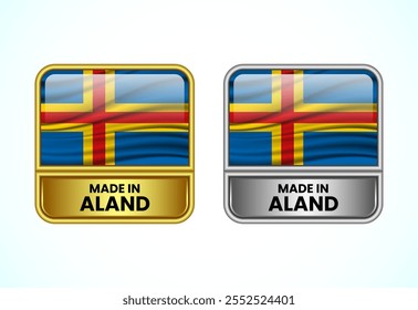 Made in Aland label icon in gold and silver color. Flag icon set for business