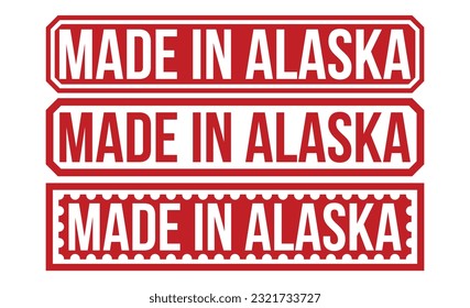 Hecho en Alaska estampado de goma roja fijado sobre fondo blanco. Hecho en el sello de Alaska. Hecho en el set de sellos de Alaska.