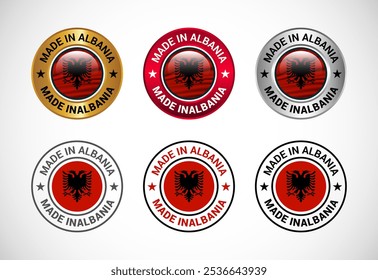 Made in Albania label icon with flag. Icon set for business, badge, seal, sticker, logo, and symbol