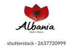Made in Albania logo, sticker. Abstract Albania flag and ribbon in shape of leaf flower with handwritten typography lettering