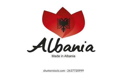 Made in Albania logo, sticker. Abstract Albania flag and ribbon in shape of leaf flower with handwritten typography lettering