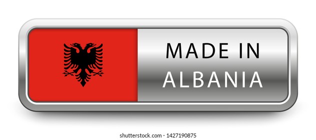MADE IN ALBANIA metallic badge with national flag isolated on white background