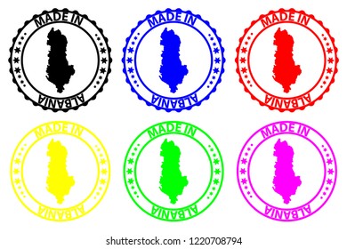 Made in Albania - rubber stamp - vector, Albania map pattern - black, blue, green, yellow, purple and red