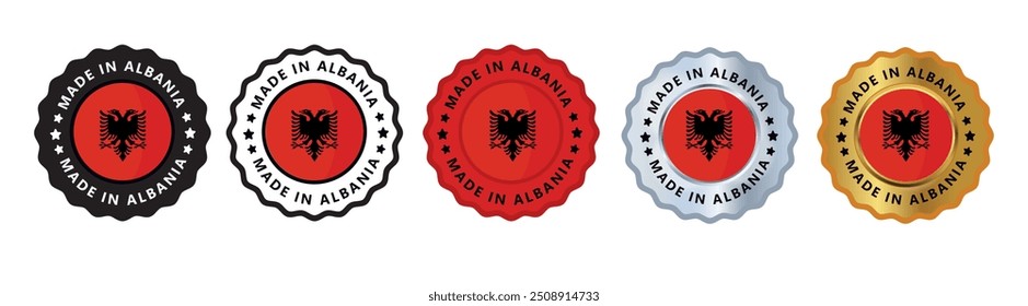 Made in albania set of sign stamp badge, with varian color red, silver, gold, black suitable for products manufactured, military, agriculture or food vector illustration eps editable text