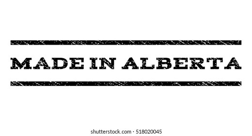 Made In Alberta watermark stamp. Text tag between horizontal parallel lines with grunge design style. Rubber seal stamp with unclean texture. Vector black color ink imprint on a white background.