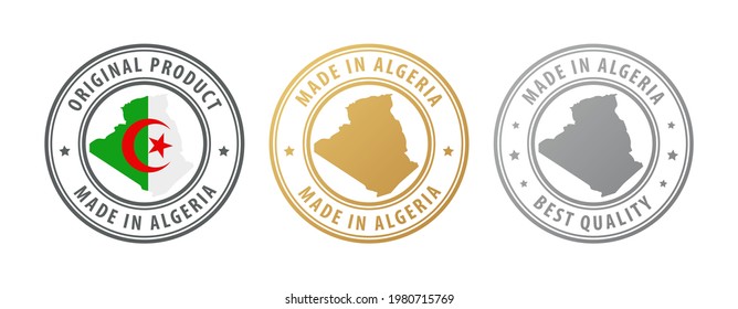 Made in Algeria - set of stamps with map and flag. Best quality. Original product. Vector illustration