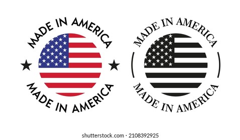 Plantilla de diseño vectorial de etiqueta de placa hecha en América. Ilustración de marca de marca de producto de EE. UU.