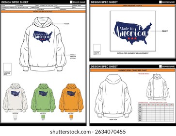 MADE IN AMERICA DTF PRINT ON STYLISH TRENDY WINTER HOODIE EDITABLE EMPTY TECHPACK MEASUREMENT TEMPLATE