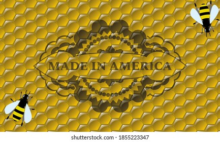 Made in America text inside sweet honey realistic emblem. beekeeping luxurious background. Illustration. 
