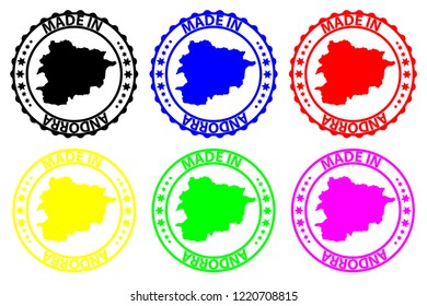 Made in Andorra - rubber stamp - vector, Andorra map pattern - black, blue, green, yellow, purple and red