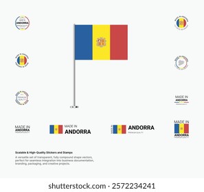 Made in Andorra Stamps, Flag, Tags, labels, Seals, Icons. Creative Designs for Branding and Packaging