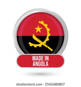 Hecho en la Ilustración vectorial de la bandera de Angola aislada en el fondo blanco. Insignia de la bandera de Angola, brillante y brillante para el uso en línea y fuera de línea, Anuncio, cartel, volante, folleto, medios sociales e impresión local