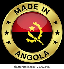 Made in Angola gold badge and icon with central glossy Angolan flag symbol and stars. Vector EPS 10 illustration isolated on black background.