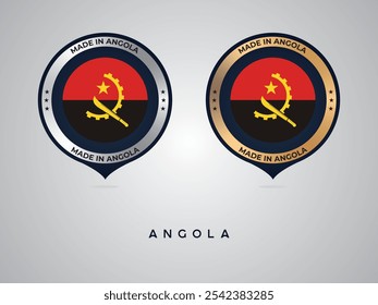 Hecho en Angola. etiquetas, pegatinas, puntero, insignia y símbolo del icono de la bandera de Angola. Ilustración vectorial de la colección