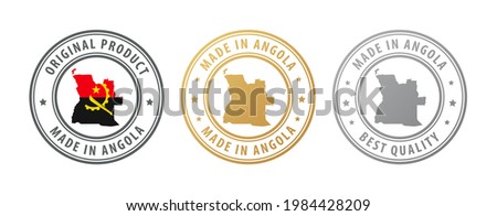 Made in Angola - set of stamps with map and flag. Best quality. Original product. Vector illustration