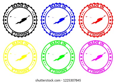 Made in Anguilla - rubber stamp - vector, Anguilla map pattern - black, blue, green, yellow, purple and red