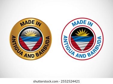 Made in Antigua and Barbuda label icon with flag. Icon set for business, badge, seal, sticker, logo, and symbol