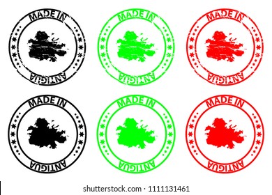Made in Antigua - rubber stamp - vector, Antigua map pattern - black, green and red
