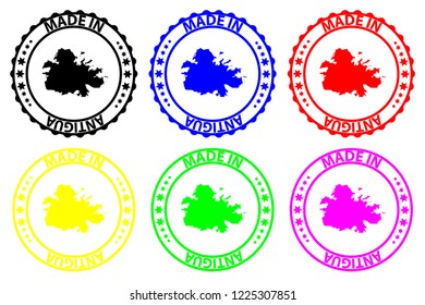 Made in Antigua - rubber stamp - vector, Antigua map pattern - black, blue, green, yellow, purple and red
