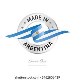 Made in Argentina. Argentina flag ribbon with circle silver ring seal stamp icon. Argentina sign label vector isolated on white background