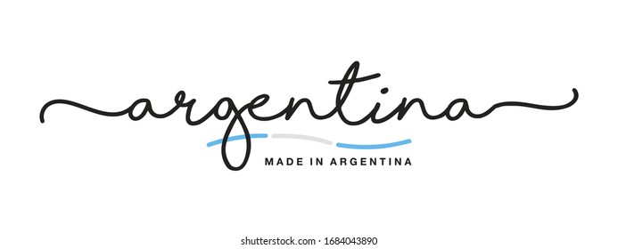 Made in Argentina handwritten calligraphic lettering with flag ribbon logo for sticker and banner