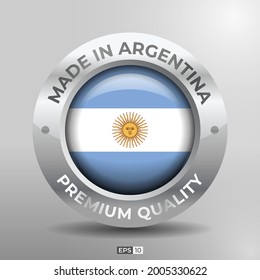 Made in Argentina Label, Logo, Stamp Round Flag of Nation with 3D Silver Glossy Effect