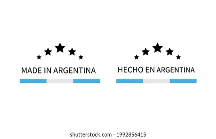 Made in Argentina labels in English and in Spanish languages. Quality mark vector icon. Perfect for logo design, tags, badges, stickers, emblem, product package, etc.