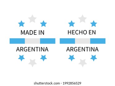 Made in Argentina labels in English and in Spanish languages. Quality mark vector icon. Perfect for logo design, tags, badges, stickers, emblem, product package, etc.