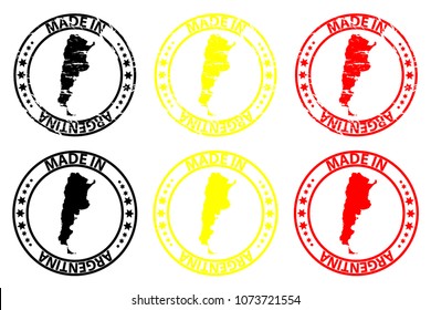 Made in Argentina - rubber stamp - vector, Argentina map pattern - black, yellow and red