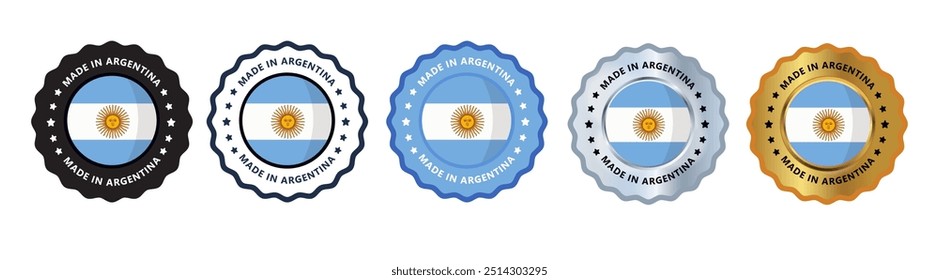 Made in argentina set of sign stamp badge, with varian color green, silver, blue, black suitable for products manufactured, military, agriculture or food vector illustration eps editable text