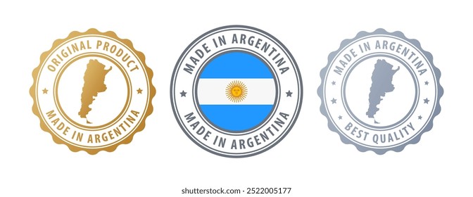 Made in Argentina - set of stamps with map and flag. Best quality. Original product. Vector illustration