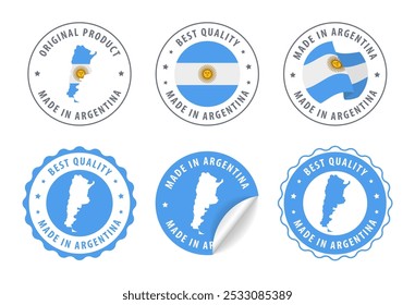 Made in Argentina - set of stamps and stickers with map and flag. Best quality. Original product. Vector illustration.