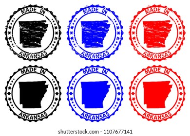 Made in Arkansas - rubber stamp - vector, Arkansas (United States of America) map pattern - black, blue  and red