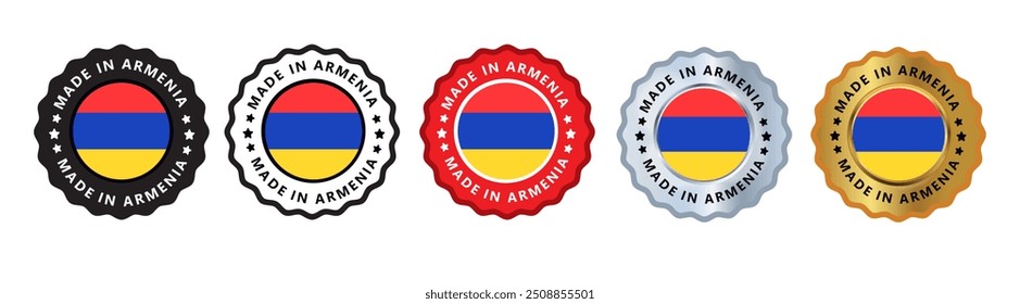 Made in armenia set of sign stamp badge, with varian color red, silver, gold, black suitable for products manufactured, military, agriculture or food vector illustration eps editable text