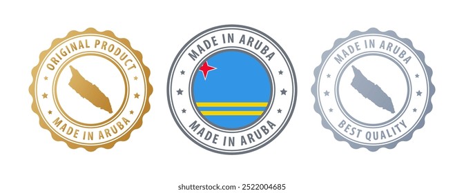 Hecho en Aruba - conjunto de sellos con mapa y bandera. La mejor calidad. Producto original. Ilustración vectorial