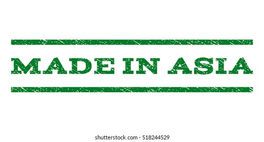 Made In Asia watermark stamp. Text caption between horizontal parallel lines with grunge design style. Rubber seal stamp with unclean texture. Vector green color ink imprint on a white background.