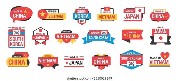 Feito em crachás de países asiáticos. Fabricado no Japão, China, Coreia do Sul, etiquetas do Vietnã. Adesivo de qualidade do produto com bandeiras feitas em japonês, chinês, vietnamita, coreano. Conjunto de emblemas vetoriais.