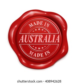 made in Australia 3d illustration red wax seal over white background