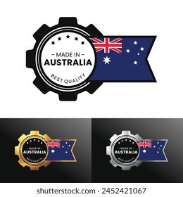 Made in Australia mit Ausrüstung und Flaggendesign. Für Banner, Stempel, Aufkleber, Symbol, Logo, Symbol, Etikett, Abzeichen, Siegel, Zeichen. Vektorillustration