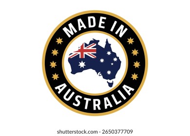 Made in Australia Etiqueta com mapa australiano e bandeira em um design circular com estrelas